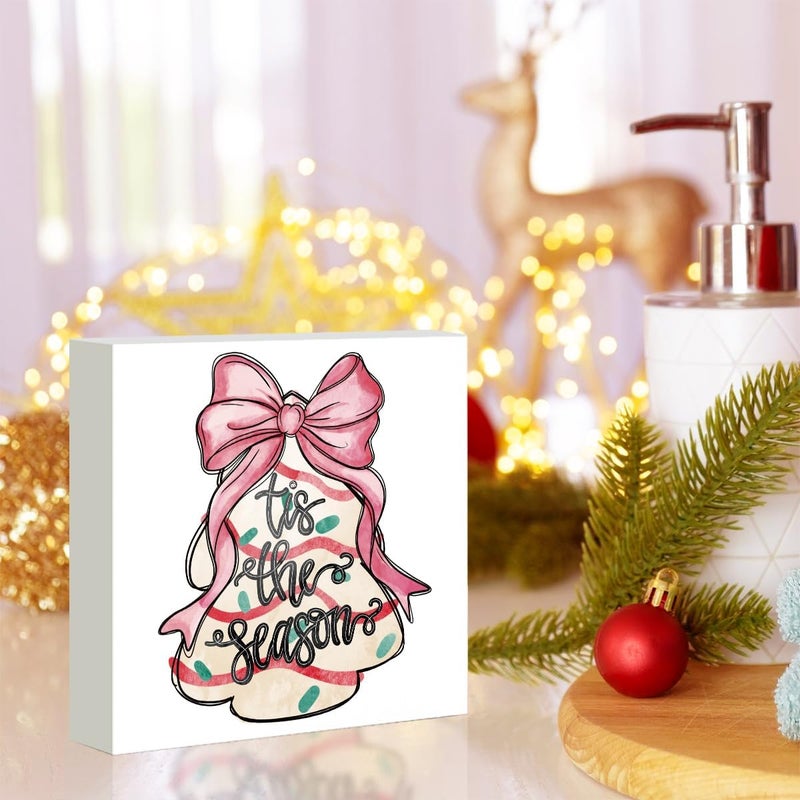 FXEFXE Pink Christmas Decor, Christmas Decorations Indoor, Coquette Bow Xmas Tree Cakes Sign Gift for Women Friends, Rustic Farmhouse Wooden Box Sign for Home Office Bedroom Desk Decor 5x5 Inches - Image 5